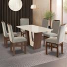 Conjunto Sala de Jantar Mesa 90x160cm T Vidro com 6 Cadeiras Madeira Maciça Tecido Joli Marrom/Tabaco/Off White/Creme