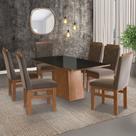 Conjunto Sala de Jantar Mesa 90x160cm Tampo Vidro com 6 Cadeiras Madeira Maciça Tecido Joli Marrom/Canela/Preto