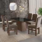 Conjunto Sala de Jantar Mesa 90x160cm Tampo Vidro com 6 Cadeiras Madeira Maciça Tecido Joli Marrom/Tabaco/Preto