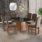Conjunto Sala De Jantar Mesa 90X160Cm Tampo Vidro Com 6 Cadeiras Madeira Maciça Tecido Joli