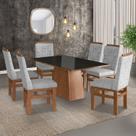 Conjunto Sala De Jantar Mesa 90X160Cm Tampo Vidro Com 6 Cadeiras Madeira Maciça Tecido Linho