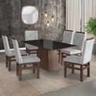 Conjunto Sala De Jantar Mesa 90X160Cm Tampo Vidro Com 6 Cadeiras Madeira Maciça Tecido Linho