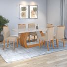 Conjunto Sala de Jantar Mesa Easy Tower 170x90cm MDF/Vidro com 6 Cadeiras Aurea Veludo Creme Amendoa/off White