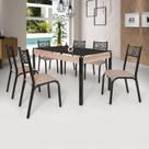 Conjunto Sala de Jantar Mesa Jade 140x80cm Tampo Vidro com 6 Cadeiras Bege/Preto Fosco/Linho