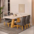Conjunto Sala de Jantar Mesa Tampo Retangular Chanfrado Curvo Mad/Vid 160 x 90cm Kiara Cedro Off White e 4 Cadeiras Lídia Veludo Lunar- MABE MAGAZINE