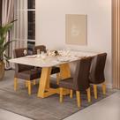 Conjunto Sala de Jantar Mesa Tampo Retangular Chanfrado Curvo Mad/Vid 160 x 90cm Kiara Cedro Off White e 4 Cadeiras Lídia Veludo Moca- MABE MAGAZINE