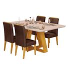 Conjunto Sala de Jantar Mesa Tampo Retangular Chanfrado Curvo Mad/Vid 160 x 90cm Kiara Cedro Off White e 4 Cadeiras Yasmin Veludo Moca- MABE MAGAZINE