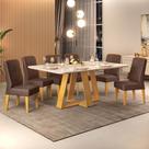 Conjunto Sala de Jantar Mesa Tampo Retangular Chanfrado Curvo Mad/Vid 160 x 90cm Kiara Cedro Off White e 6 Cadeiras Lídia Veludo Moca- MABE MAGAZINE