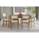 Conjunto Sala de Jantar Mira Premium Madeira Maciça c/ Tampo Madeirado c/ Vidro 160x90cm e 6 Cadeiras Lola Carvalho/Freijo Bronze - Linho Bege Argila-