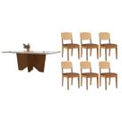 Conjunto Sala de Jantar Nevada c/ Tampo Madeirado c/ Vidro Canto Curvo 180x90cm e 6 Cadeiras Havana Premium Naturale/Off White - Capuccino/Corano Capu