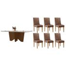 Conjunto Sala de Jantar Nevada c/ Tampo Madeirado c/ Vidro Canto Curvo 180x90cm e 6 Cadeiras Maldivas Madeira Maciça Naturale/Off White - Capuccino/Co