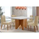 Conjunto Sala de Jantar Nevada c/ Tampo Madeirado c/ Vidro Canto Curvo 90x90cm e 4 Cadeiras Dafne Madeira Maciça Naturale/Off White - Capuccino/Suede
