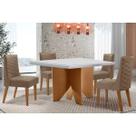 Conjunto Sala de Jantar Nevada c/ Tampo Madeirado c/ Vidro Canto Curvo 90x90cm e 4 Cadeiras Dafne Madeira Maciça Naturale/Off White - Capuccino/Suede