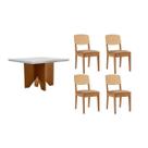 Conjunto Sala de Jantar Nevada c/ Tampo Madeirado c/ Vidro Canto Curvo 90x90cm e 4 Cadeiras Havana Premium Naturale/Off White - Capuccino/Linho Bege-R