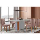 Conjunto Sala de Jantar Pietá c/ Tampo Madeirado c/ Vidro Canto Curvo 180x90cm e 6 Cadeiras Maldivas Madeira Maciça Naturale/Off White - Capuccino/Lin
