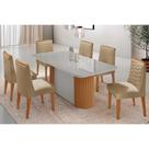 Conjunto Sala de Jantar Pilar c/ Tampo Madeirado c/ Vidro Canto Curvo 180x90cm e 6 Cadeiras Maldivas Madeira Maciça Naturale/Off White - Capuccino/Lin