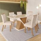 Conjunto Sala de Jantar Tampo MDF/Vidro Canto Moeda com 6 Cadeiras Helena Bege/Nature/Off White/Linho