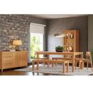 Conjunto Sala Jantar Nature: Cristaleira, Buffet, Mesa, Banco e Cadeiras Madeira Pinus Rústico Claro