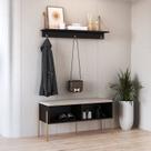 Conjunto Sapateira Banco Estofada e Prateleira Pé Metal Oslo Preto Nero/Dourado