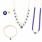 Conjunto Semijoias Olho Grego Feminino 2 Colares Pulseira e Brinco Banhado a Ouro 18K