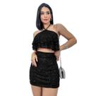 Conjunto Short Saia Cropped Frente Unica Babado Brilho Festa