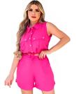 Conjunto Shorts Blusa Botões Feminino Viscose Leve Elastano
