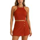 Conjunto Shorts Saia Cropd Crepe Casual Confortavel Feminino