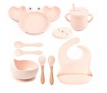 Conjunto Silicone Refeição Bebê Talher Prato Copo Babador 9p