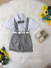 Conjunto Social Infantil Short Suspensório Gravata Cinza e Camisa Branca