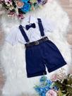Conjunto Social Short com Suspensório e Gravata Azul Marinho e Camisa