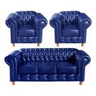 Conjunto Sofá 3 Lugares e 2 Poltrona Chesterfield Luís XV Vintage Retrô Capitonê Couro Azul