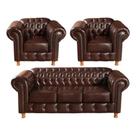 Conjunto Sofá 3 Lugares e 2 Poltrona Chesterfield Luís XV Vintage Retrô Capitonê Couro Marrom