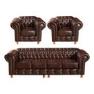 Conjunto Sofá 4 Lugares e 2 Poltrona Chesterfield Luís XV Vintage Retrô Capitonê Couro Marrom