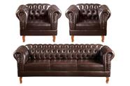 Conjunto Sofá Chesterfield 3 Lugares + 2 Poltronas Dom Pedro Marrom Café