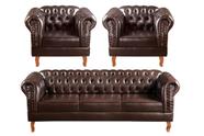 Conjunto Sofá Chesterfield 3 Lugares + 2 Poltronas Dom Pedro Marrom Café