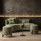 Conjunto Sofá Curvo Orgânico + 02 Puff Luna Boucle Verde Oliva - Montanaris Decor