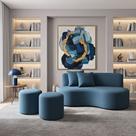 Conjunto Sofá Curvo Orgânico + 2Puffs Nature Gaia Suede Azul Royal - Montanaris Decor Conjunto Sofá Curvo Orgânico + 2Puffs Nature Gaia Suede Azul Royal - Montanaris Decor