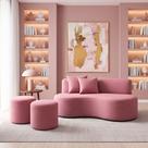 Conjunto Sofá Curvo Orgânico + 2Puffs Nature Gaia Suede Rosa - Montanaris Decor