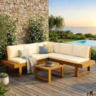 Conjunto Sofá Modular de Canto Jardim Madeira Maciça Tecido Acquablock Luise Branco Conjunto Sofá Modular de Canto Jardim Madeira Maciça Tecido Acquablock Luise Branco