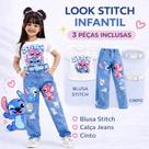 Conjunto Stitch Infantil Feminino 3 Peças Calça Jeans Blogueirinha Blusa Stitch Cinto Conjunto Stitch Infantil Feminino 3 Peças Calça Jeans Blogueirinha Blusa Stitch Cinto