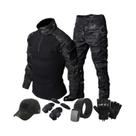Conjunto Tático Masculino Preto Camuflado Com Top De Combate Com Zíper 1/4 E Calças Duráveis Para