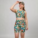 Conjunto Top Cropped com Bojo + Short Praia Fitness + Brinde Viseira Estampada UV50+ Piscina