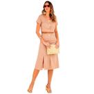Conjunto top cropped e saia com fendas botões em linho premium elegante