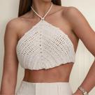Conjunto Top e Saia De Crochê Feminino Saída de Praia Moda Artesanal Ajustável Confortável C57 -