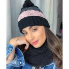 Conjunto Touca Pompom Listrada Com Cachecol Gola Lã Macio Quentinho