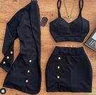 Conjunto trio saia, cropped e casaco