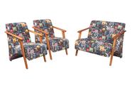 Conjunto Venus Braços em Madeira Maciça 1 Namoradeira 2 Poltronas Estampada Unidecor