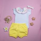 Conjunto Verão Bebê Menina Bordado Borboleta com Body Gola Boneca Tapa Fraldas Faixinha