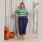 Conjunto Verão Blusa Listrada Manga Curta e Calça Capri Plus Size