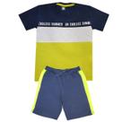 Conjunto Verão Infantil Juvenil Masculino Camiseta reforço na gola e Bermuda Moletinho cadarço Roupa Menino Tamanhos 10 12 14 16